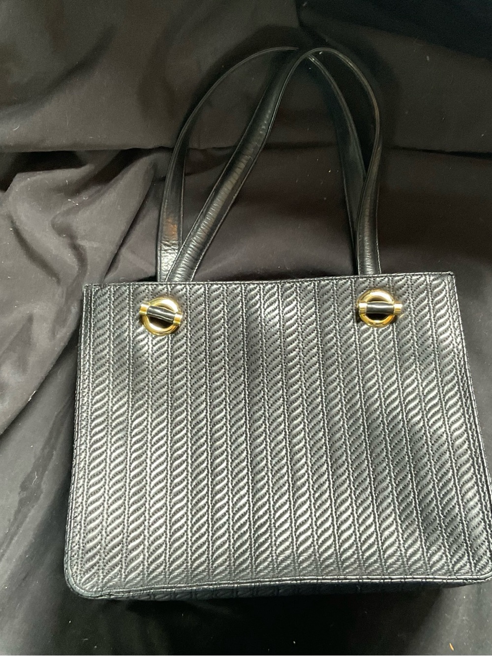 Talbots Black Quilted Tote with Gold Accent Rings